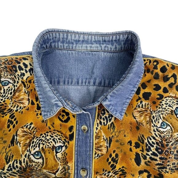 VTG  Denim Leopard Cheetah Shirt Quacker Factory SS Button Jungle Safari Large - Picture 2 of 12